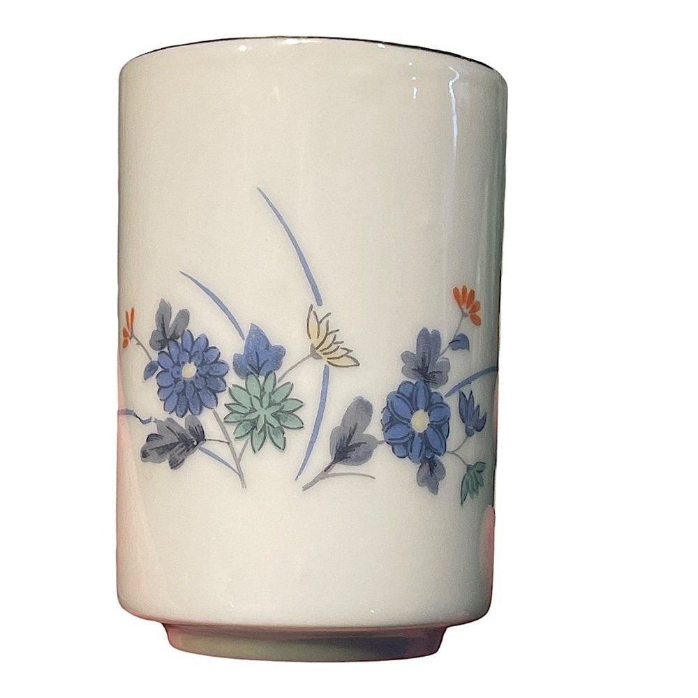 Vtg Otagiri 6 Saki Tea Cups OMC Japan Floral Ceramic White Blue Orange Green 3"